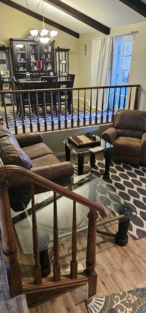 ASHLEY sofa and Recliner, Glass tables