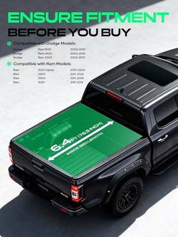 🥨YHTAUTO Soft Roll Up 6.4 FT (76.3") Truck Bed Tonneau Cover Compatible with 2009-2018 Dodge Ram 1500, 2019-2024 Ram 1500 Classic, 2003-2026 Ram 2500