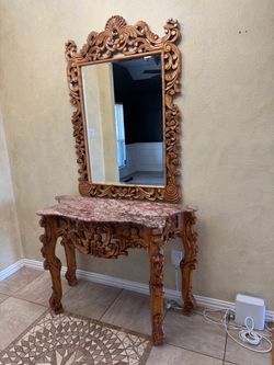 Carved wooden accent table w/ marble top and mirror in good condition $250 obo