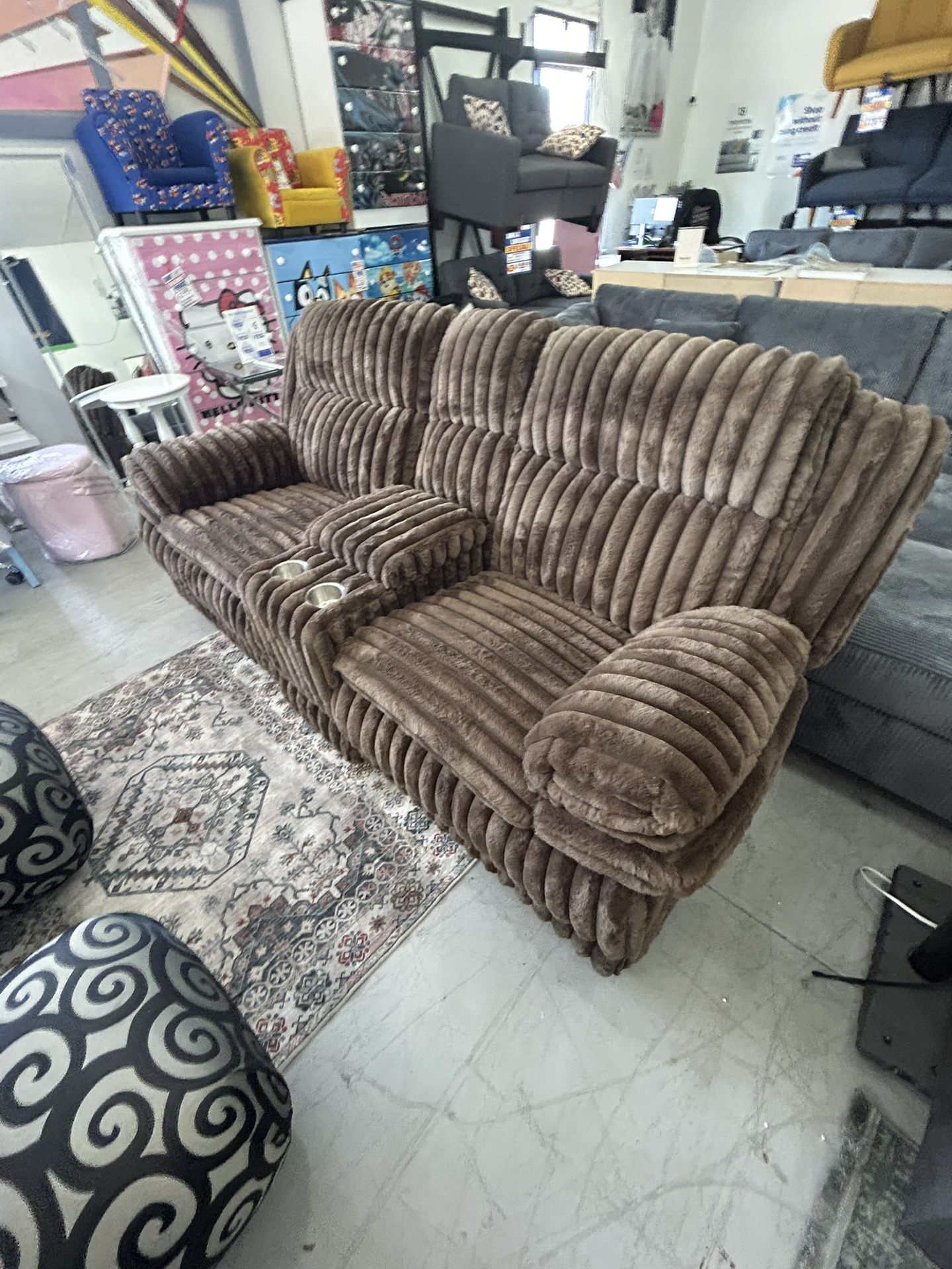 Manual Recliner Loveseat Fur Like Fabric 