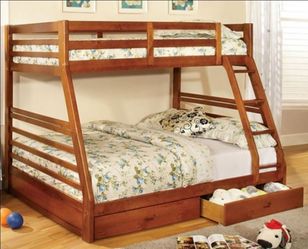 Brand New Oak Twin over Full Bunk Bed w Trundle Drawers