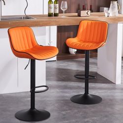 Bar Stools Set of 2 Orange Faux Leather Barstools Swivel Adjustable Counter Stools Upholstered Backrest for Modern Kitchen Island Breakfast, Loads 300