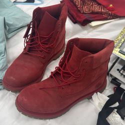 Red Timberland boots.