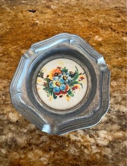 Vintage Floral German Pewter Ashtray Trinket Dish