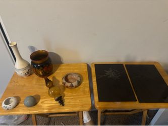 Huge lot of vintage pottery and glassware amber glass granite slabs