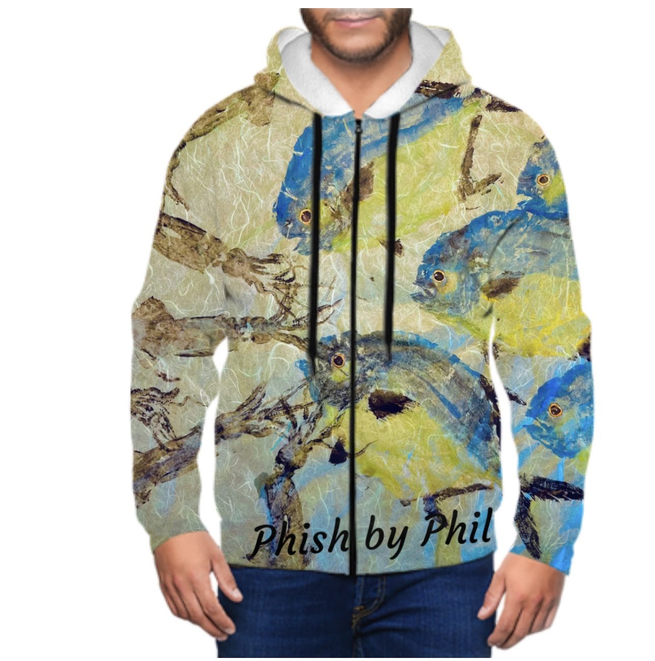 Custom hoodie or jacket made out of real fish images. Each one is one of a kind.