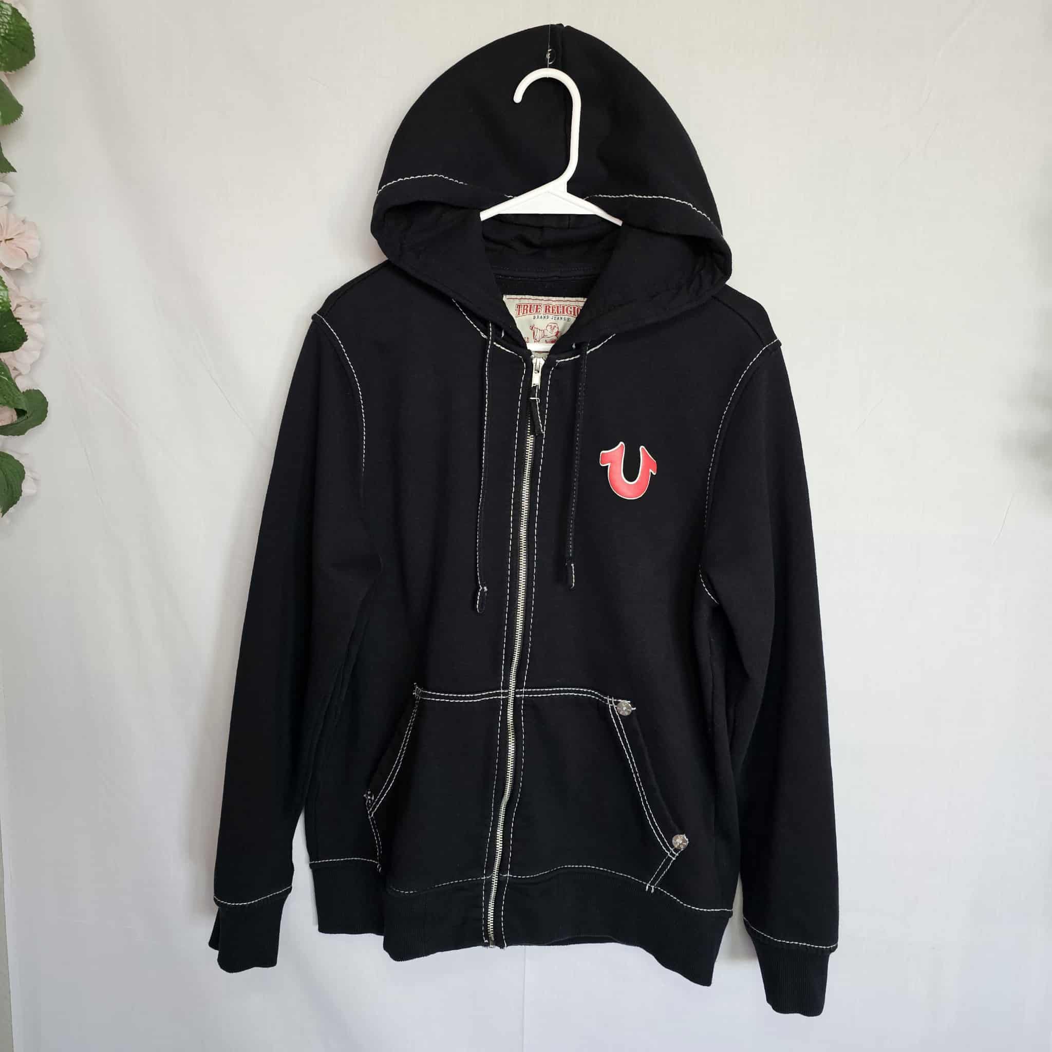 True Religion Hoodie Black Full Zip World Tour Red Logo Mens Medium M