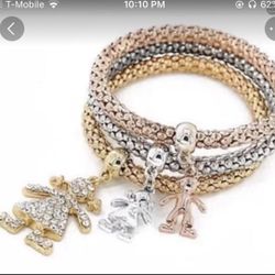 3pcs Crystal Cartoon Charm Gold Silver & Rose Gold Bangle Stretch Bracelet 