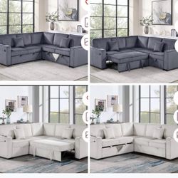 $550.  Sectional Pull Out Bed With Storage USB Cup Holder Available,I Ivory,Dark Gray,Corduroy