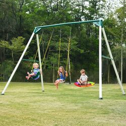 Hapfan 9.5ft Tall Backyard Swing Set for Kids and Adults with Saucer Swing, 2 Belt Swings