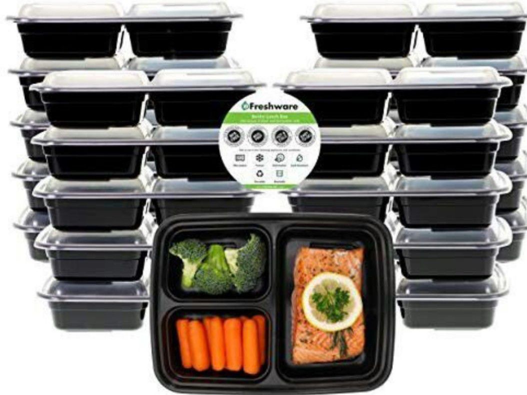Meal Prep Containers [21 Pack] 3 Compartment w Lids, Food Storage Bento Box | BPA Free | Stackable | Lunch Boxes (33 oz)