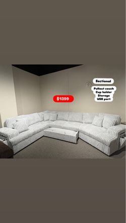 Silver Corduroy Sectional Sofa with Pullout