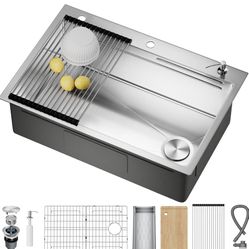 33X22 Drop In Kitchen Sink with Pop-Up Drain, 304 Stainless Steel Workstation Sink, Upgraded Fast Drain, Topmount Single Bowl with Accessories, Foldab