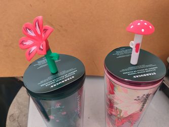 Starbucks Cup Combo, Mushroom And Poinsettia Flower Top Straw