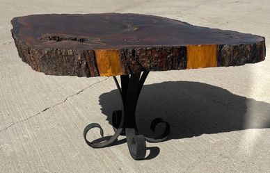 Vintage Redwood Burl Live Edge Slab Coffee Table Wrought Iron Base