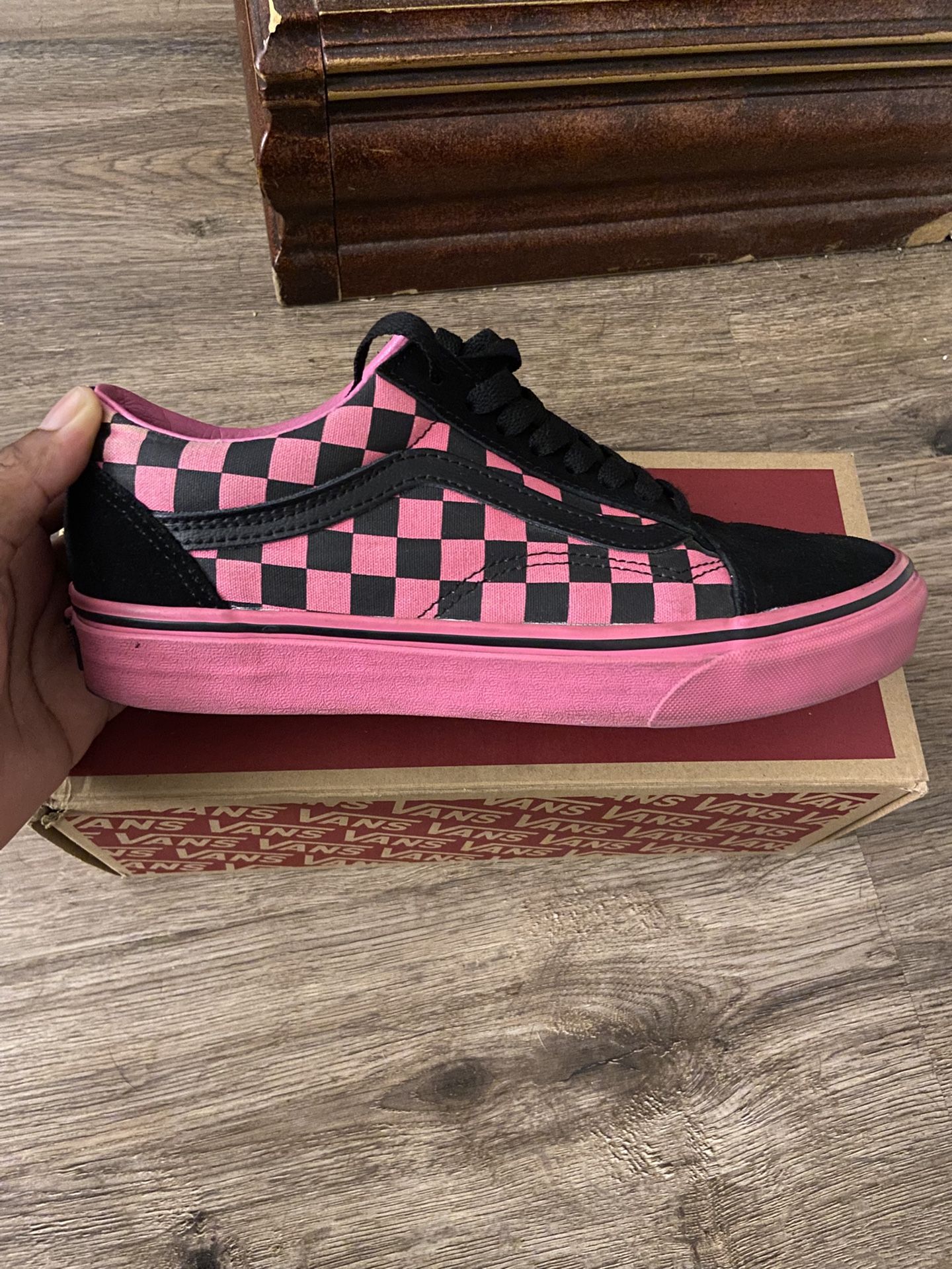 Black & pink checkerboard vans