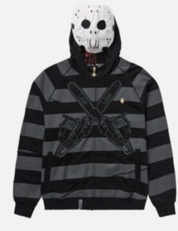 LRG “Friday the 47th” Hoodie Black Striped Removable Face Mask Zip-Up Men Size xl
