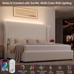 Queen Bed Frame with 54” Tall Faux-Fur Wingback Headboard, Upholstered Platform Bed with LED Light, Mattress Foundation with Solid Wooden Slats Suppor