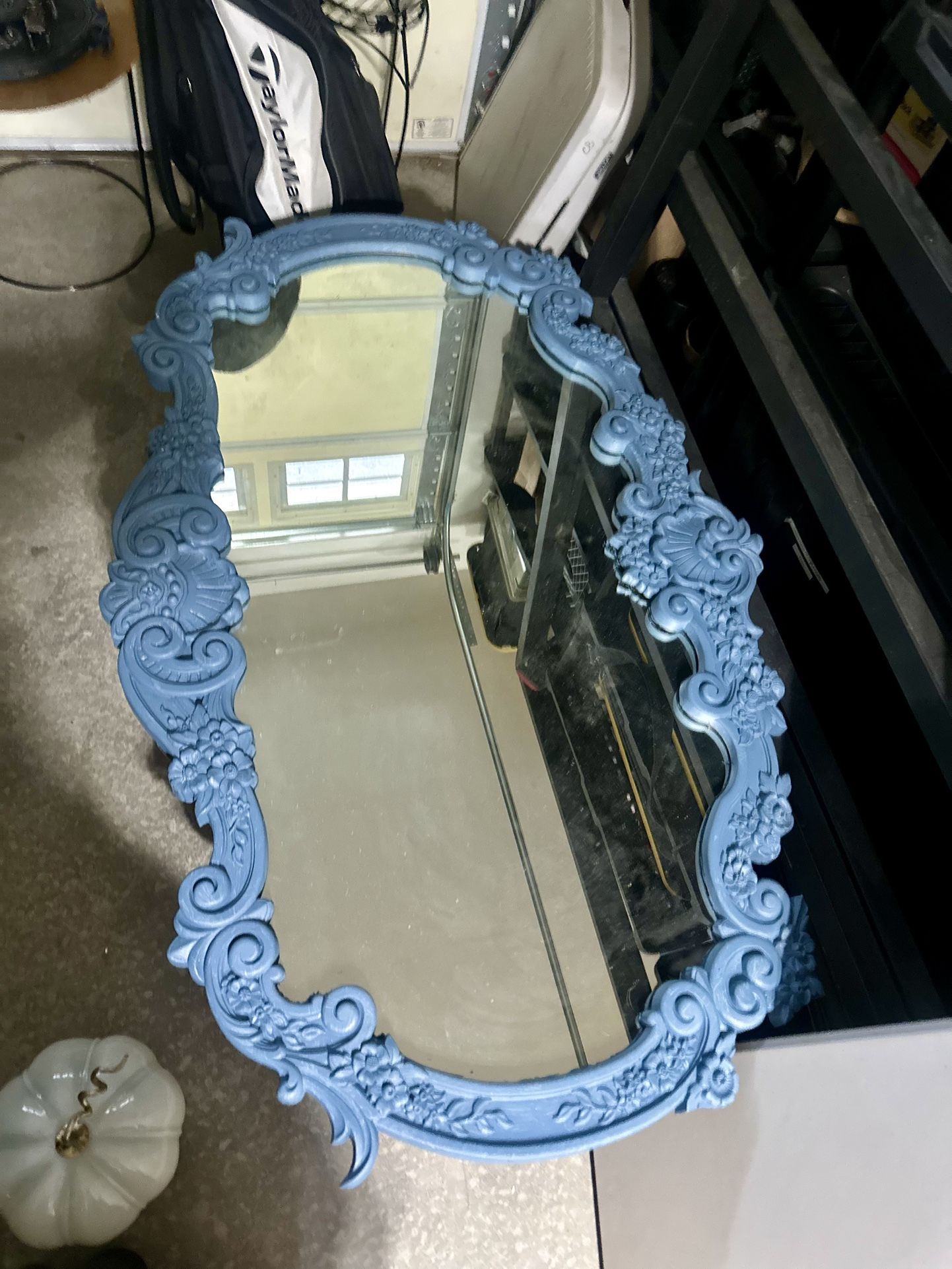 Vintage Ornate Rococo-Style Wall Mirror – Blue Floral Scroll Frame