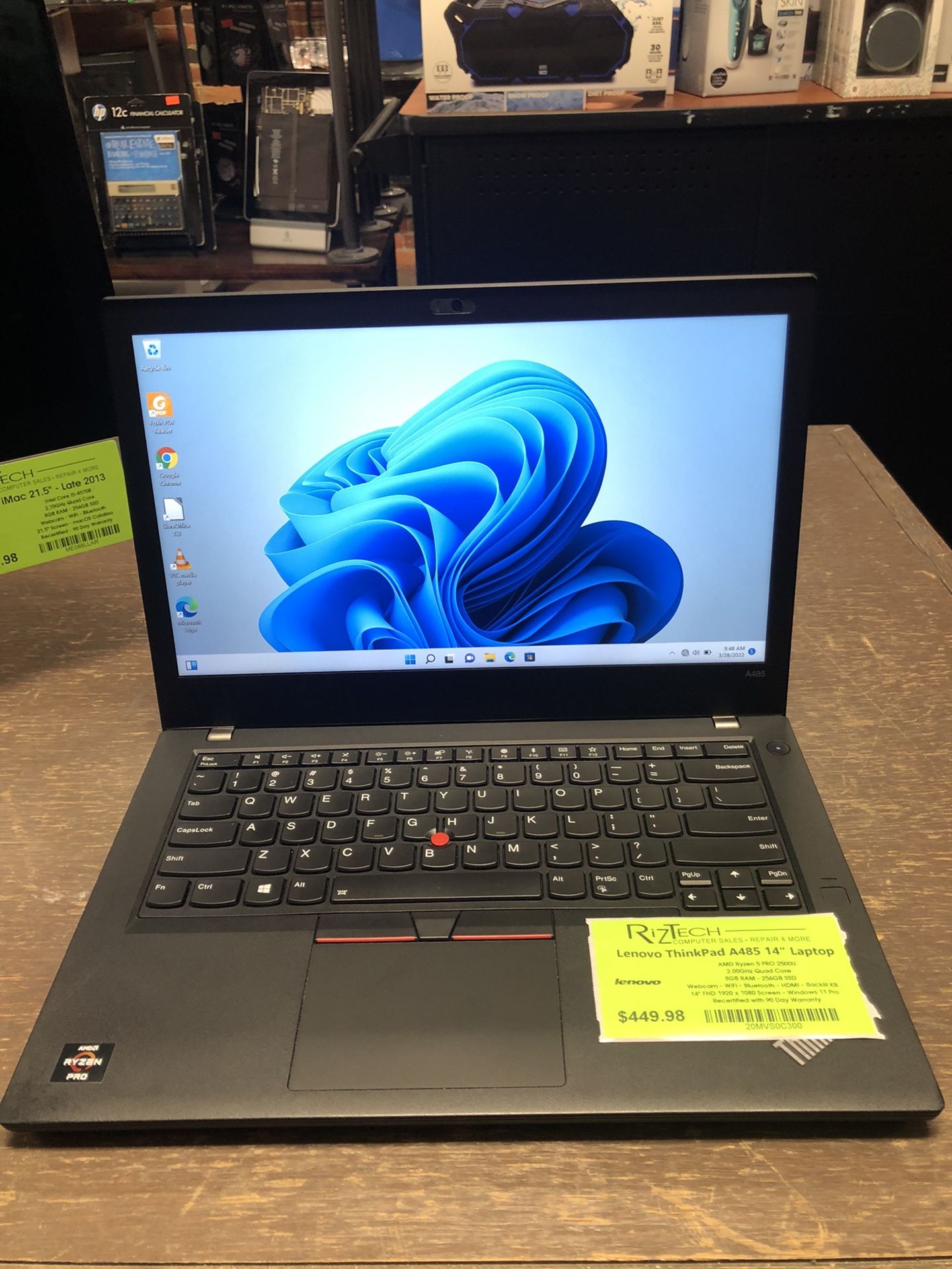 Lenovo ThinkPad A485 Laptop 14” FHD Screen Ryzen 5 Pro Quad Core 8GB RAM 256GB SSD W11 Pro