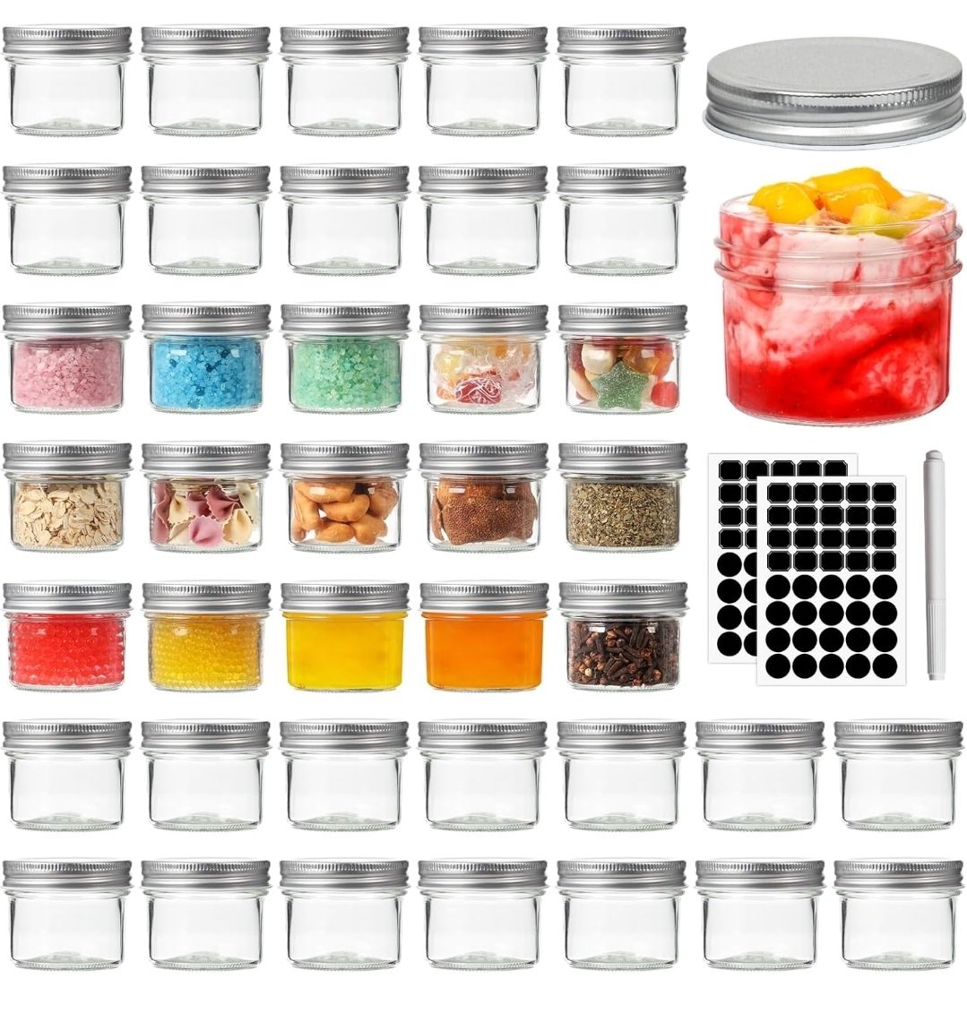 4 oz Mason Jars with Silver Lids, Pack of 40 Regular Mouth Glass Canning Jars for Jam, Honey, Wedding Favors, Shower Favors, Spice
