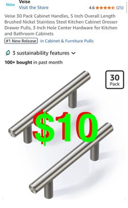 30 Pack Cabinet Handles, 5 Inch Overall Length Brushed Nickel Stainless Steel Kitchen Cabinet Dresser Drawer Pulls, 3 Inch Hole Center Hardware for Ki