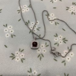 David Yurman Square Pendant Set With A Deep Red Gemstone And A Sparkling Diamond Necklace. 