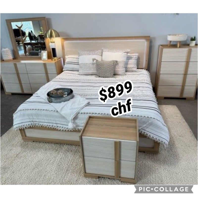 4 Piece Eastern King Size Bedroom Set Natural  ( Included Bed Frame , Dresser , Mirror , Nightstand )
