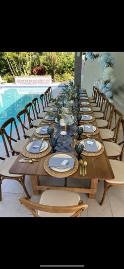 Farm Tables - Wood Chairs - Flowers - Silverware- Flatware R.e.nt