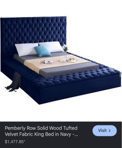 Pemberly Row Navy Velvet Tufted King Bed Frame