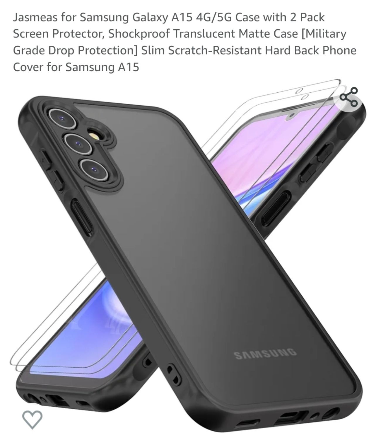 Samsung Galaxy A15 4G/5G Case with 2 Pack Screen Protector, Shockproof Translucent Matte Case