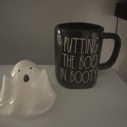 Rae Dunn Halloween Black and White Putting the Boo in Booty Ghost Mug with Lid 