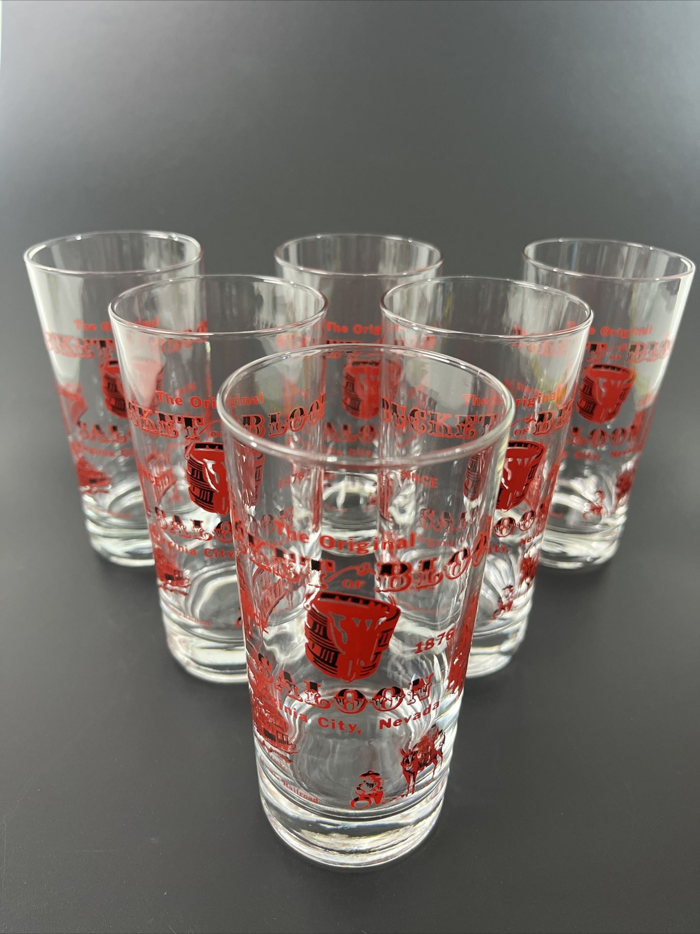 Set of 6 Vintage Bucket of Blood Saloon Virginia City Nevada Glass Tumblers Beer