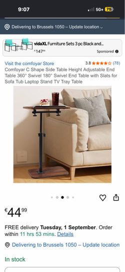 Comfoyar C Shape Side Table Height Adjustable End Table 360° Swivel 180° Swivel End Table with Slats for Sofa Tub Laptop Stand TV Tray Table