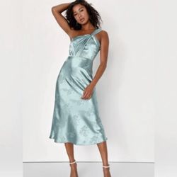 Lulus Sage Blue Floral Satin One Shoulder Dress