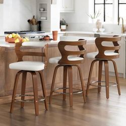 （set of 3）Arabela 26 in. White Solid Wood Swivel Bar Stool Faux Leather Kitchen Counter Stool with Walnut Frame