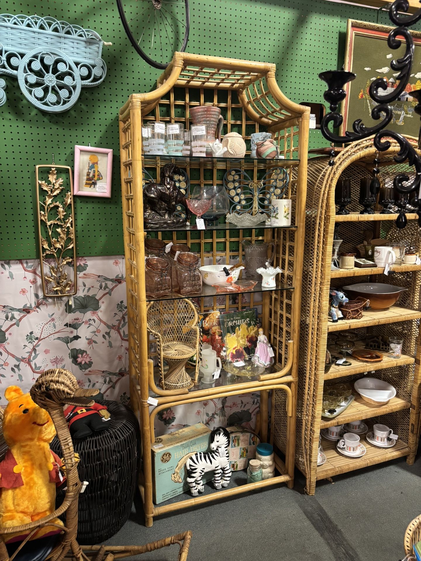 Large Vintage Pagoda Style Rattan Bamboo Wicker Bookcase with Glass Shelves