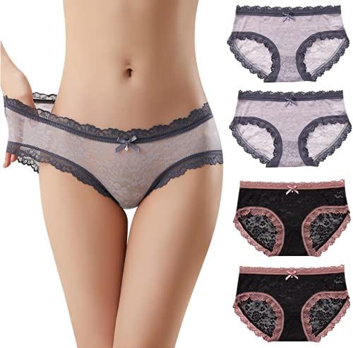 Enol Women's French Lace Underwear Sexy Light Texture comfortable Lace Bikini 4 Pack Size M