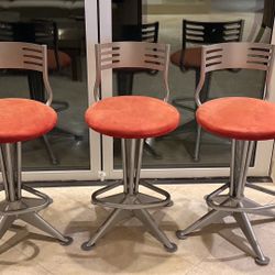Modern Silver Swivel Bar Stools with Red Seats, Set of 3