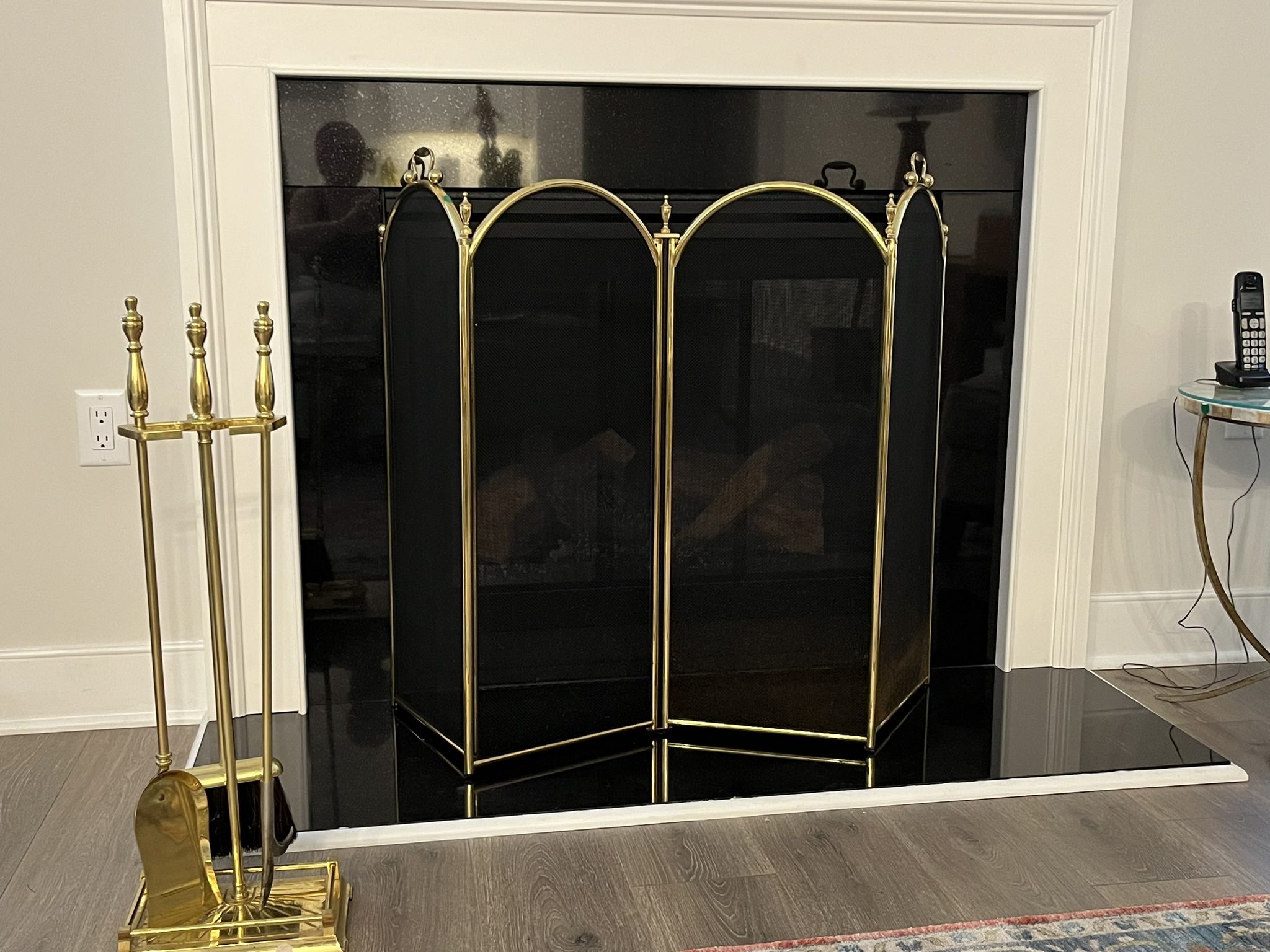 Brass fire screen (sold) and set of brass fire tools—VG Condition