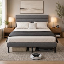 Queen size platform upholstered fabric gray bed frame