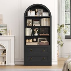 70"Tall Arched Bookcase, 4-Tier Bookshelves with 2 Large Drawers, Wooden Display Shelf with Storage for Living Room Home Office, Black