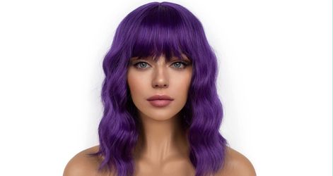 Purple Wavy Bob Wig with Bangs