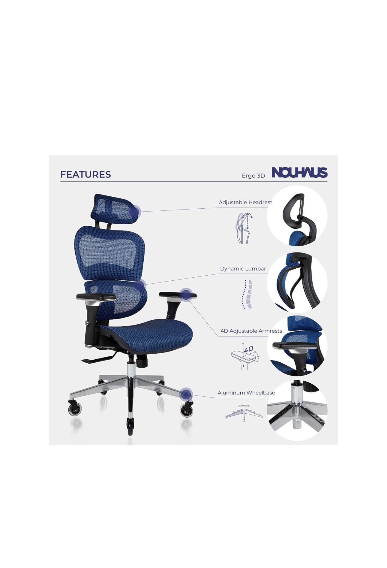 New Nouhaus Ergo3D Mesh Blue Computer Officel Rolling Office Chair With Blade Wheels