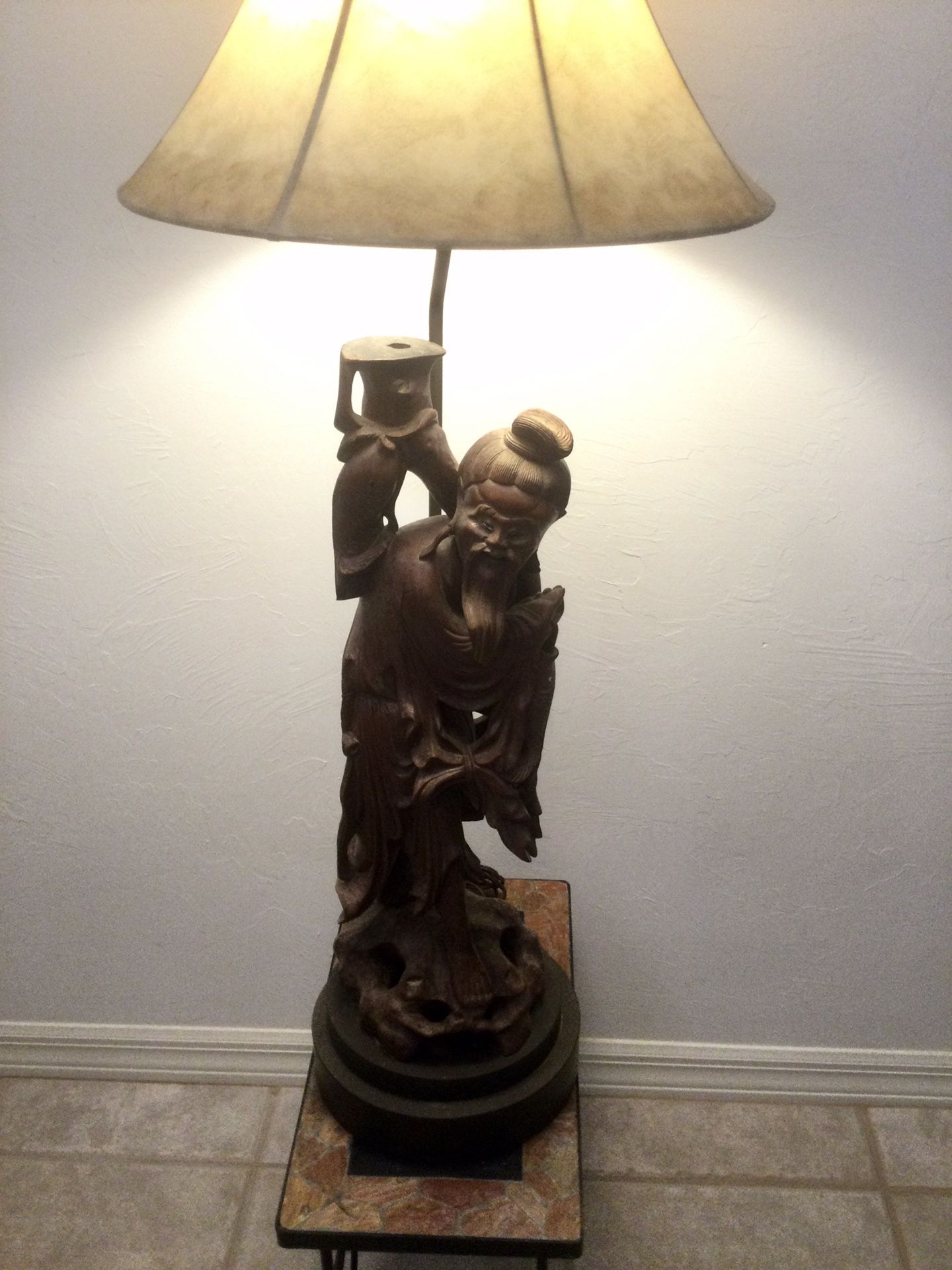 Vtg 1930’s Oriental Lamp Fisherman Wood Carved