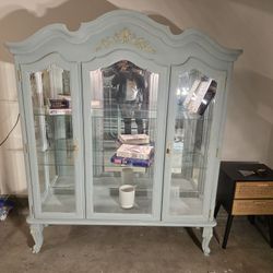 Sage Green Vintage Display Cabinet with Gold Details, 2 Glass Shelves & Interior Light
