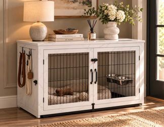 43” Wooden Dog Crate Furniture with 360°Rotatable Removable Dog Bowls, Dog Crate End Table with Tray, Double Doors Dog Kennels for XLarge Dogs