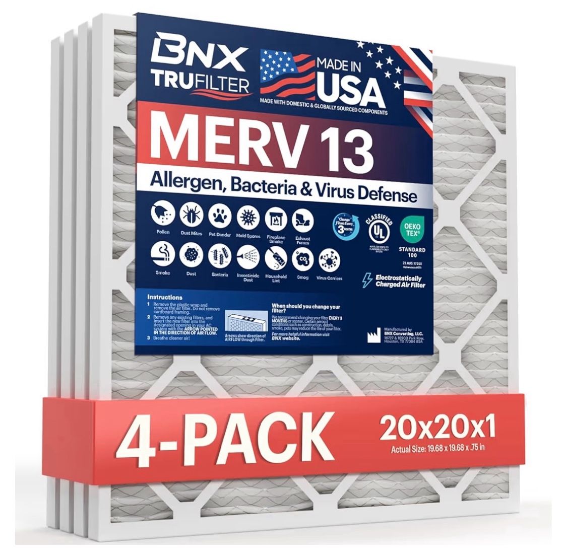 New 4 Pack Unopened BNX Trufilter MERV 13 AC Furnace Filter Made USA