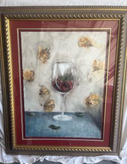 Large framed textured floral/wine glass artwork – ornate frame – excellent condition