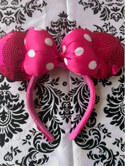 Disney Parks Hot Pink Sequin Polka Dot Bow Mickey Minnie Ears Headband